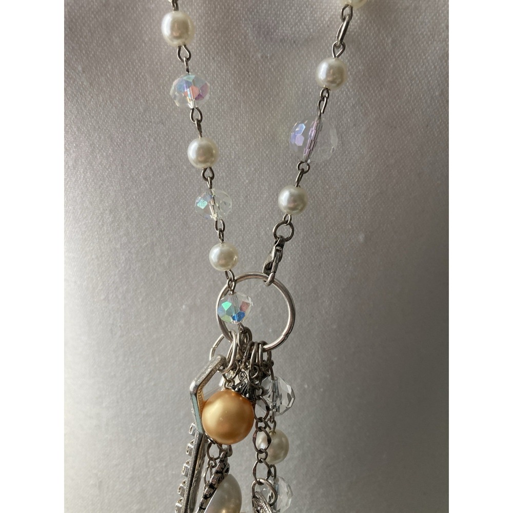 Plunder Silver Tone Charm Pendant Necklace Key Floral Mixed Metal AB Faux Pearl - Picture 3 of 7